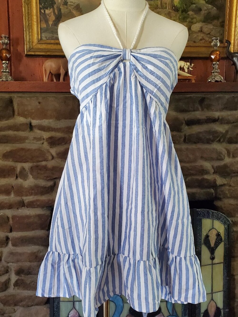 Blue Striped Halter Dress Blue Cotton Blend Tiered Smocked Ruffle XL